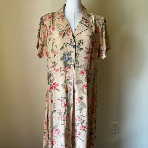 Vintage Cottagecore Floral Maxi Dress 100% Silk Button Front Tie Waist Large - Picture 7 of 8